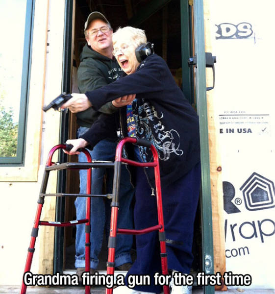 Grandma firing a gun for the first time